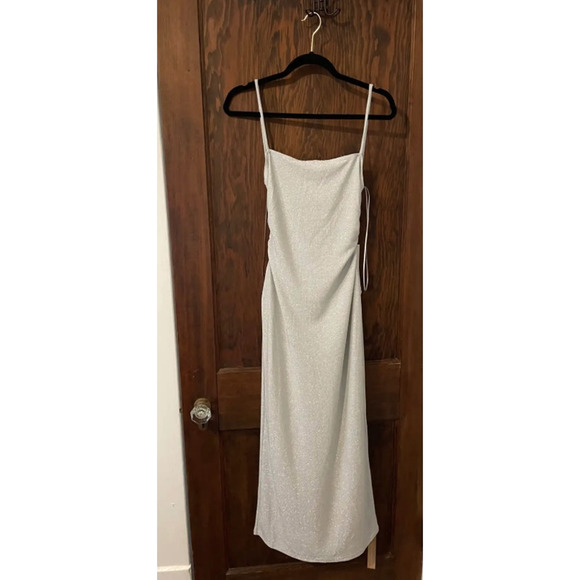 NWT! Reformation L Breslin Stretch Silver Metallic Knit Midi Dress Low Back - Picture 3 of 8